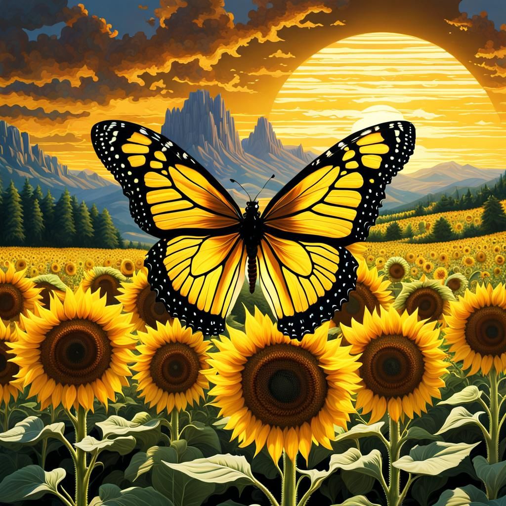 Sunflower Fields Through Golden Window: Detailed Matte Paint...