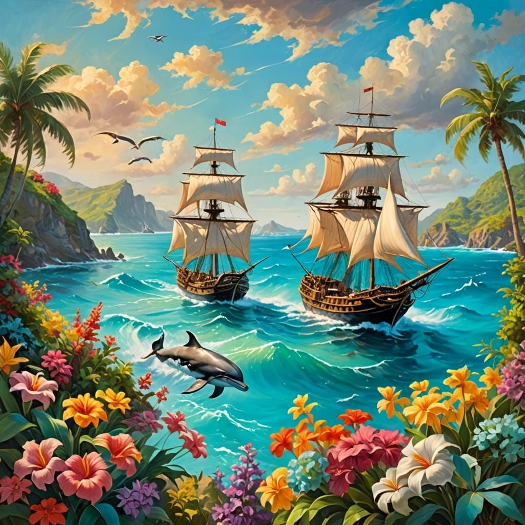 Impressionist Tropical Seascape with Pirate Frigate and Dolp...