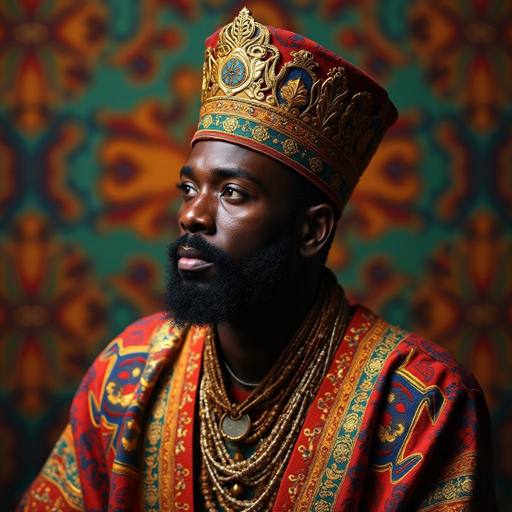 African King Sees Dark Shadows Amidst Vibrant Textiles