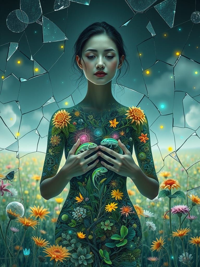 Surrealist Goddess in a Shattered Glass Ecosystem Landscape