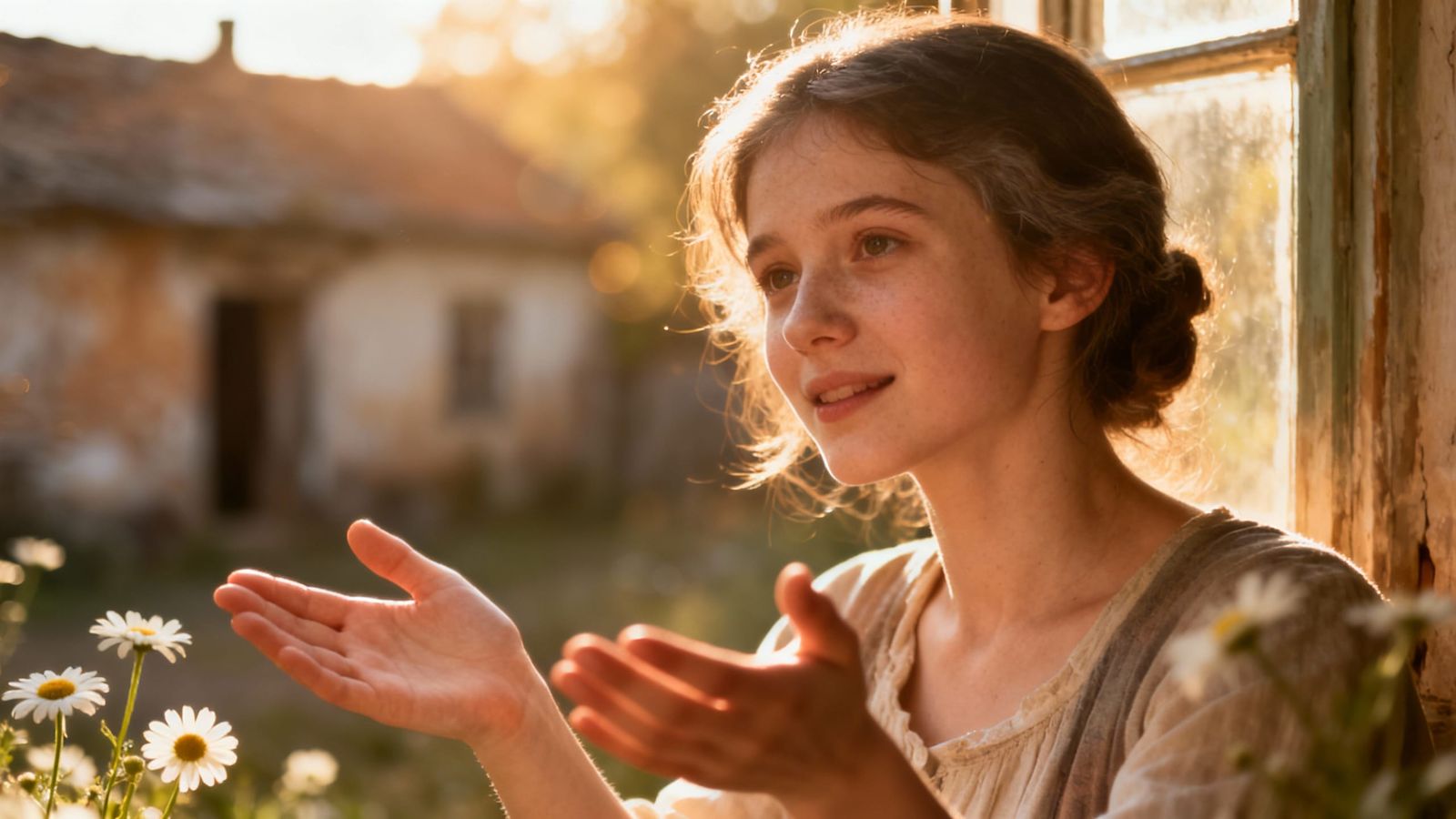 Young Woman Beckons Near Old Village House in Soft Sunlight