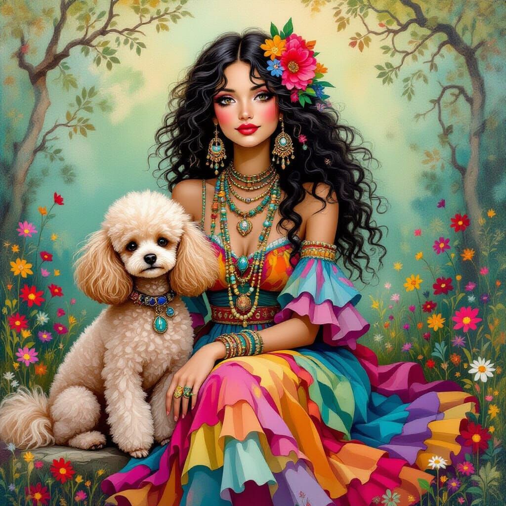 Gypsy Woman with Poodle in Whimsical Setting