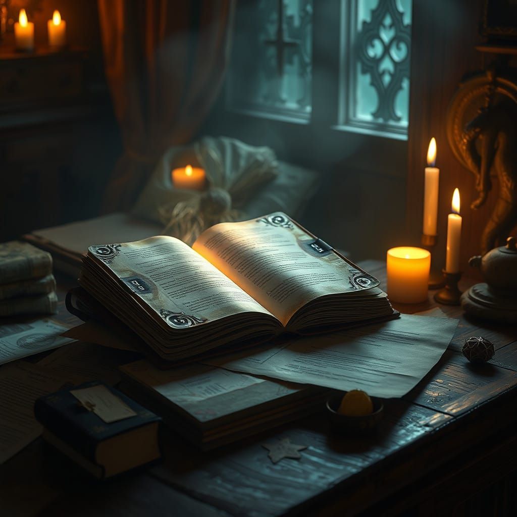 Mystical Leather-Bound Notebook in Dimly Lit Chamber