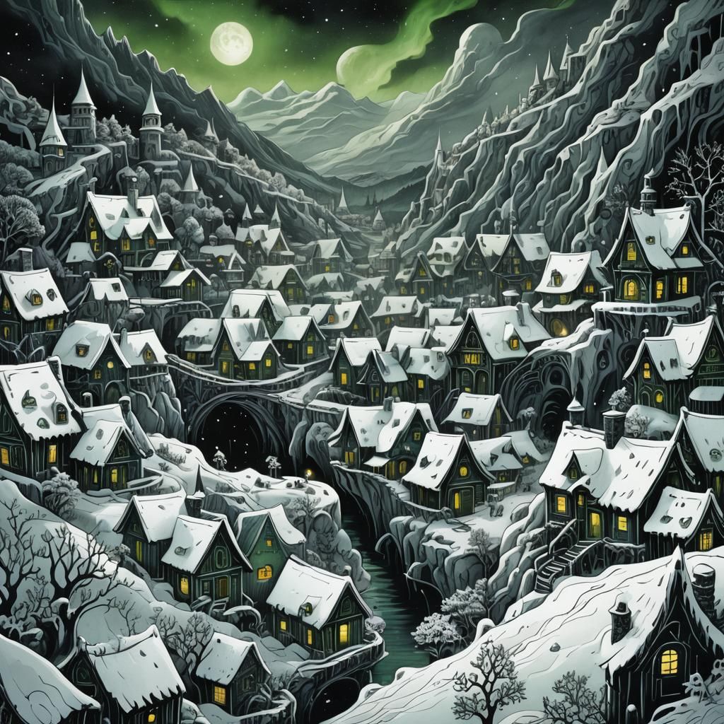 Eldritch Snow Village: Dark Fantasy Ink Wash Painting