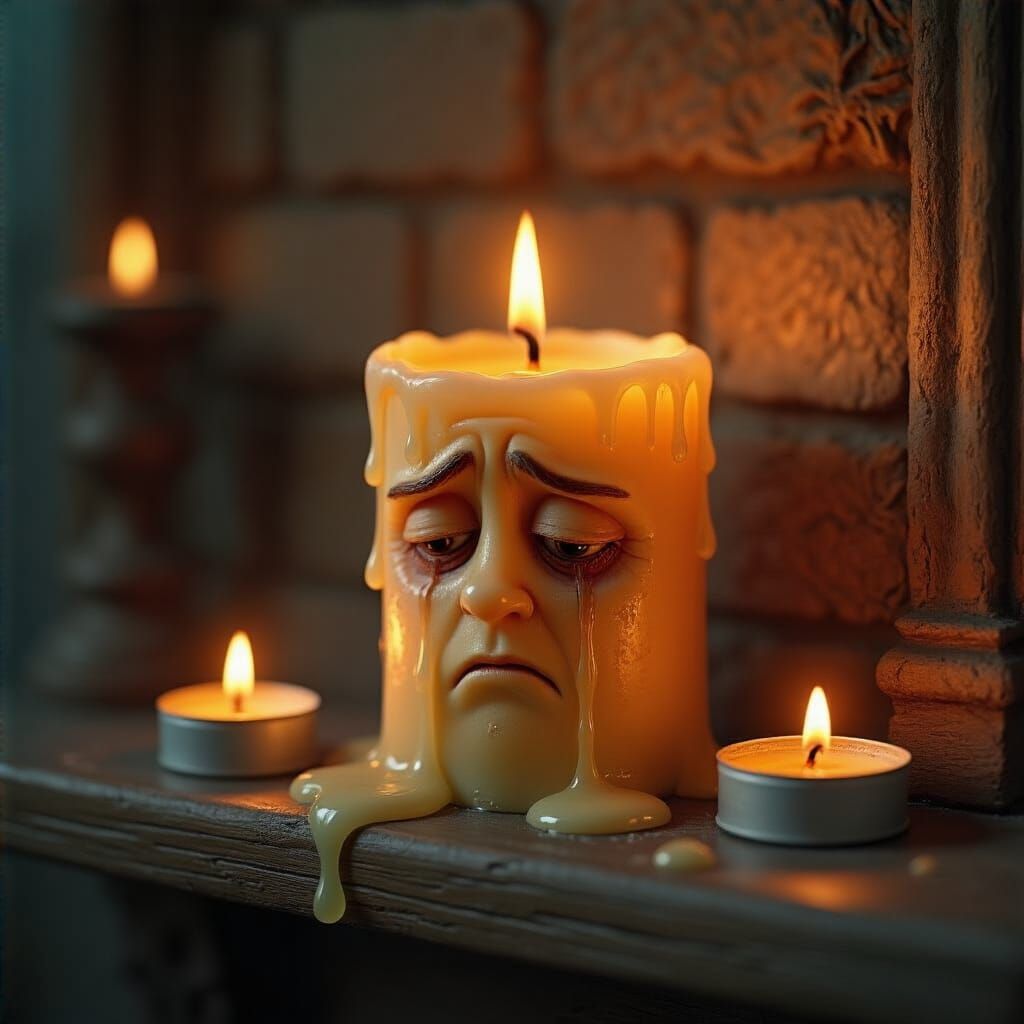 Melting Candle with Carved Face, Poetic Solitude