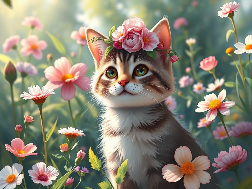 Whimsical Cat in a Serene Garden