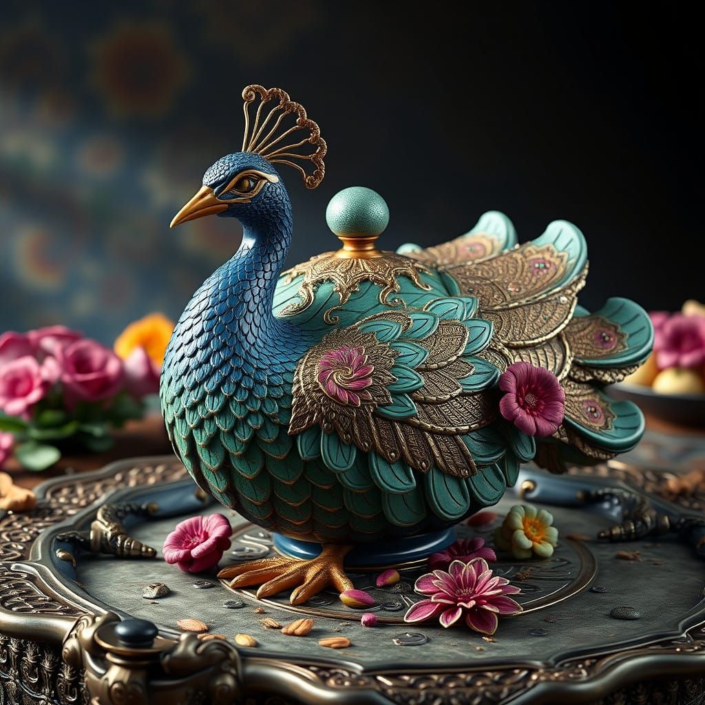 Majestic Ceramic Peacock Tureen in Fantasy Art Style
