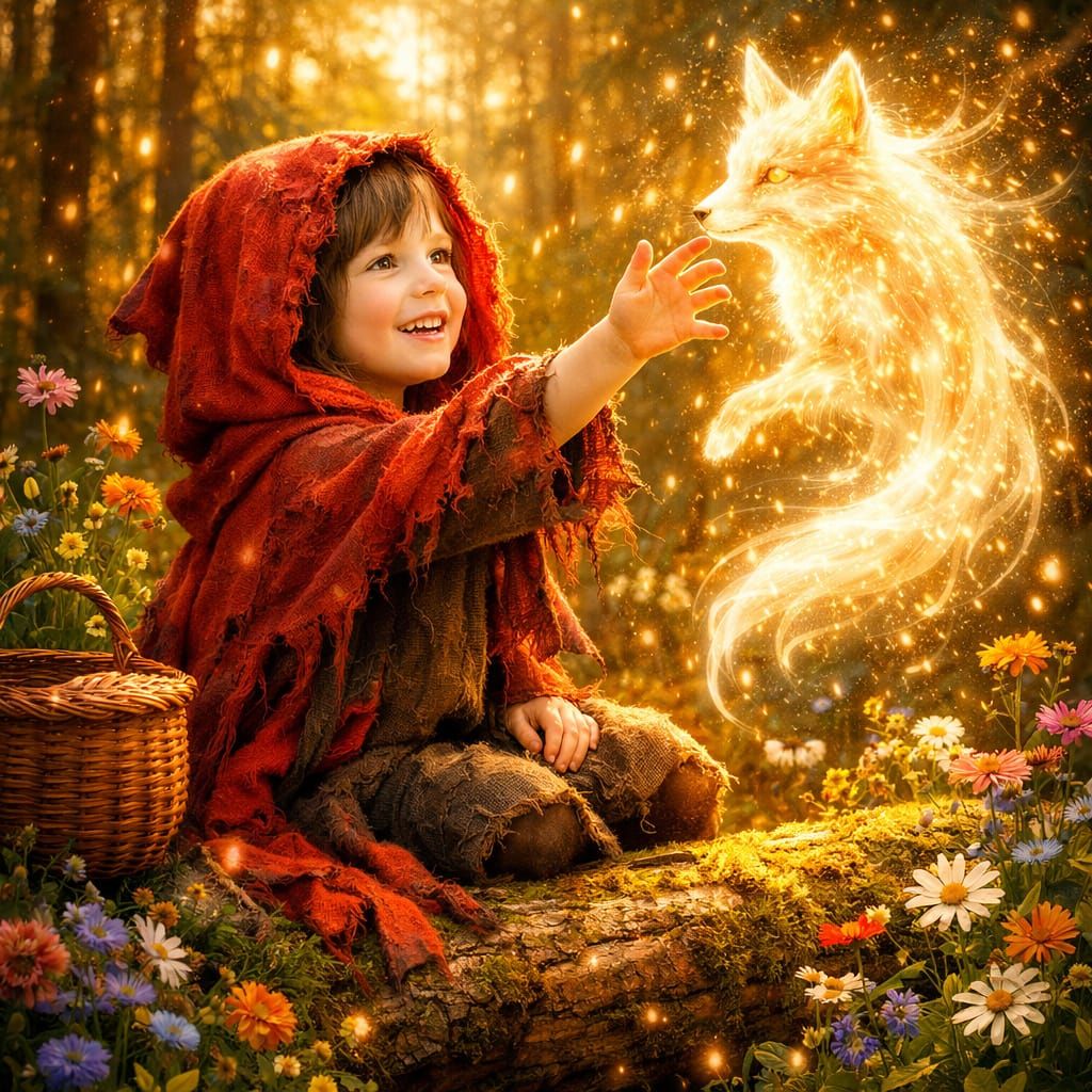 Child Reaches for Ethereal Fox in Enchanted Forest
