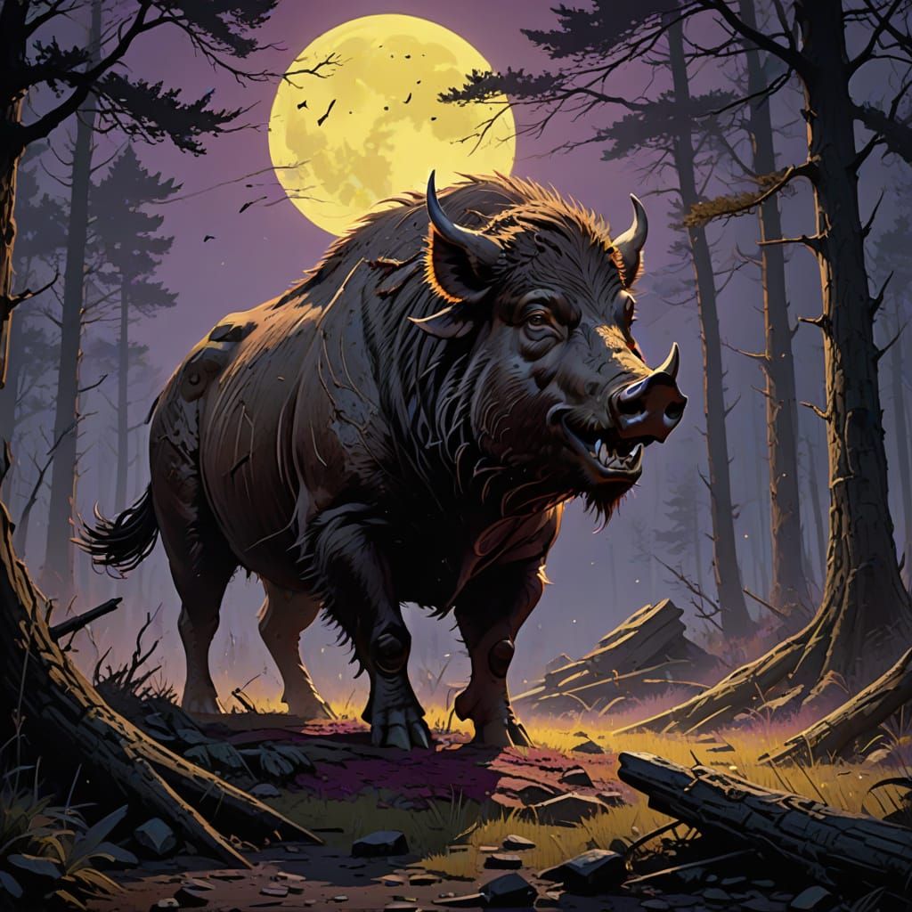 Moonlit Warrior Boar in Dark Fantasy Style