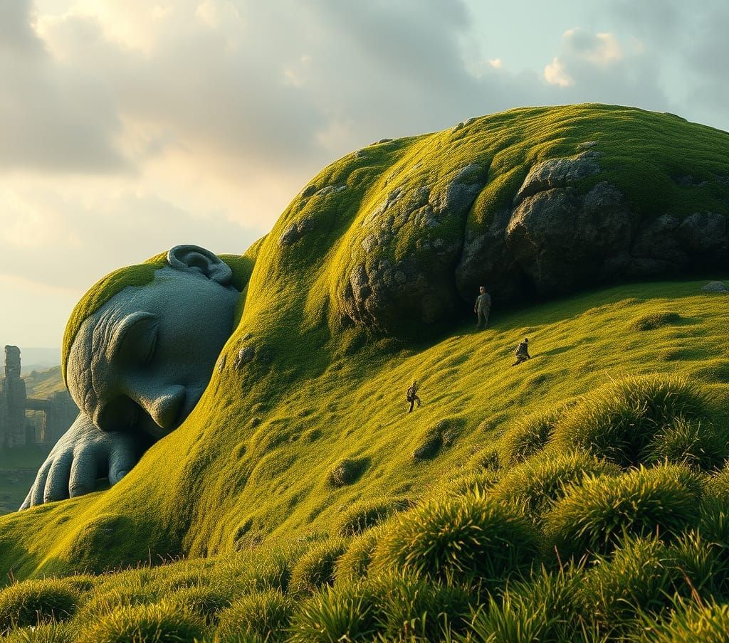 Moss-Covered Stone Giant Sleeps in Lush Meadow