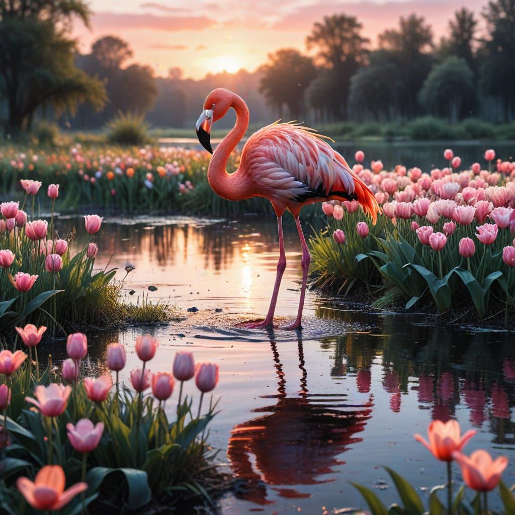 Pink Flamingo in Meadow at Sunset, Watercolour Splash Art
