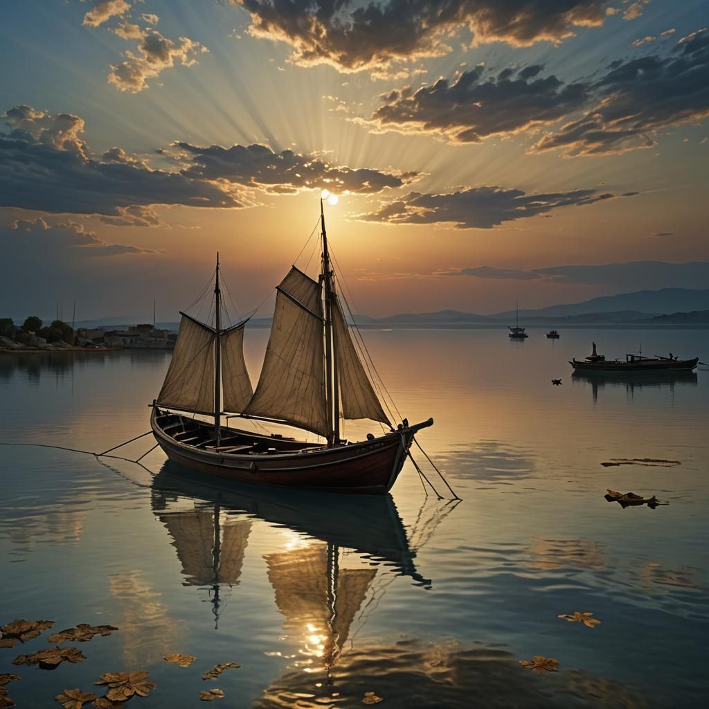 Boat at Sunset in Hyperrealistic Style