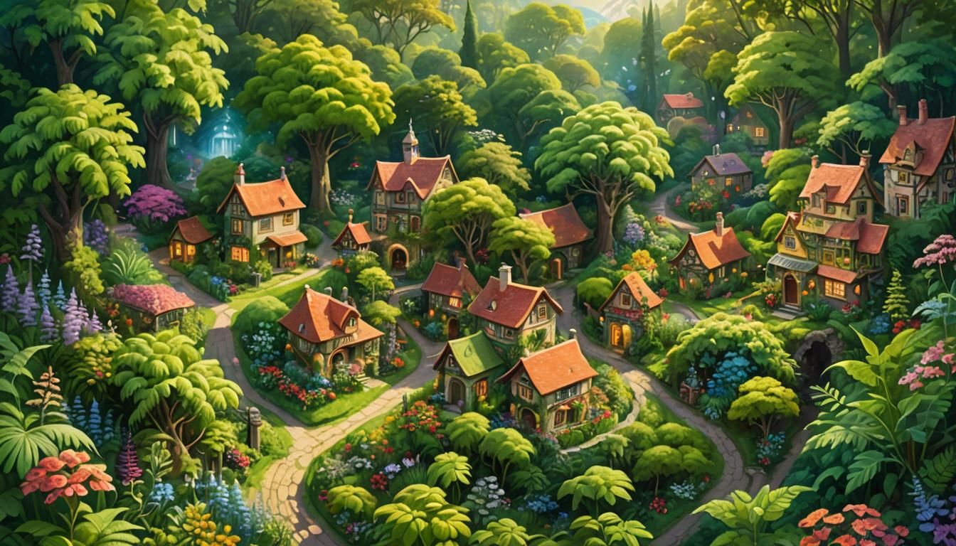 Lush Miniature Village in Sunlight: Landscape Painting