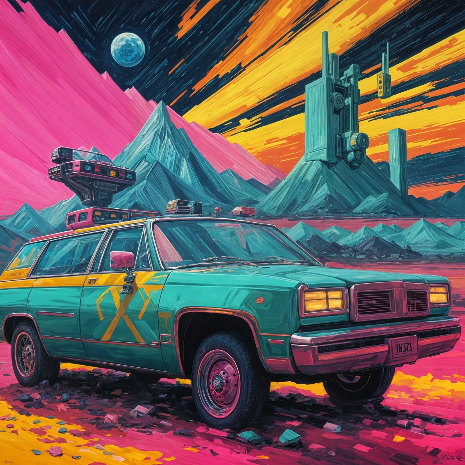 Retro-Futuristic Cyberpunk Scene in Digital Oil Painting