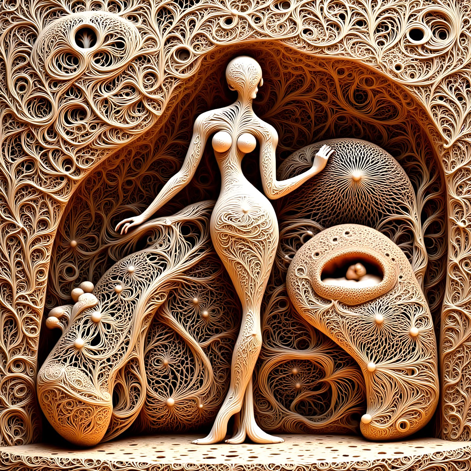 Surreal Abstract Wicker Patterns Over Man in Art Gallery