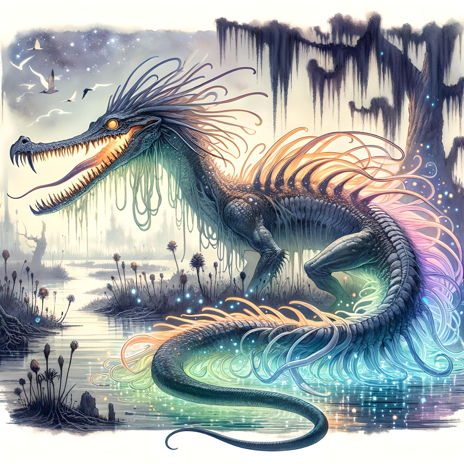 Eerie Bioluminescent Swamp Creature in Watercolor Style