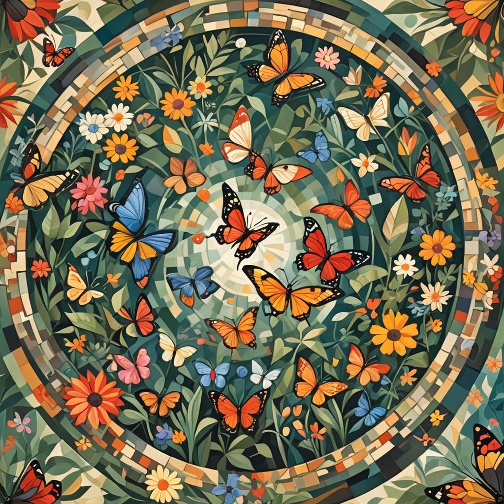 Cubist Butterflies and Flowers in Circular Design