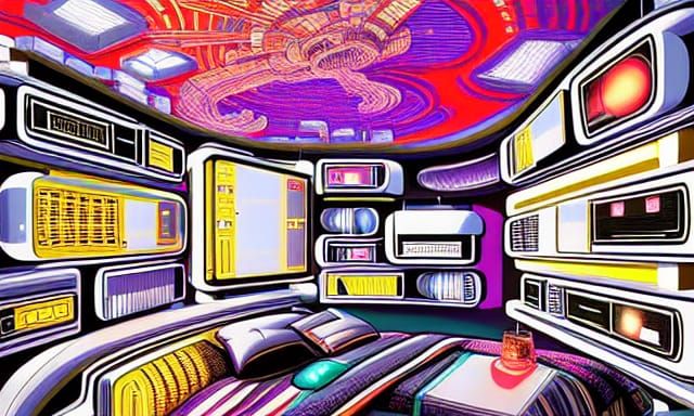 Retro-Futuristic Bedroom with Electronic Panels in Digital A...