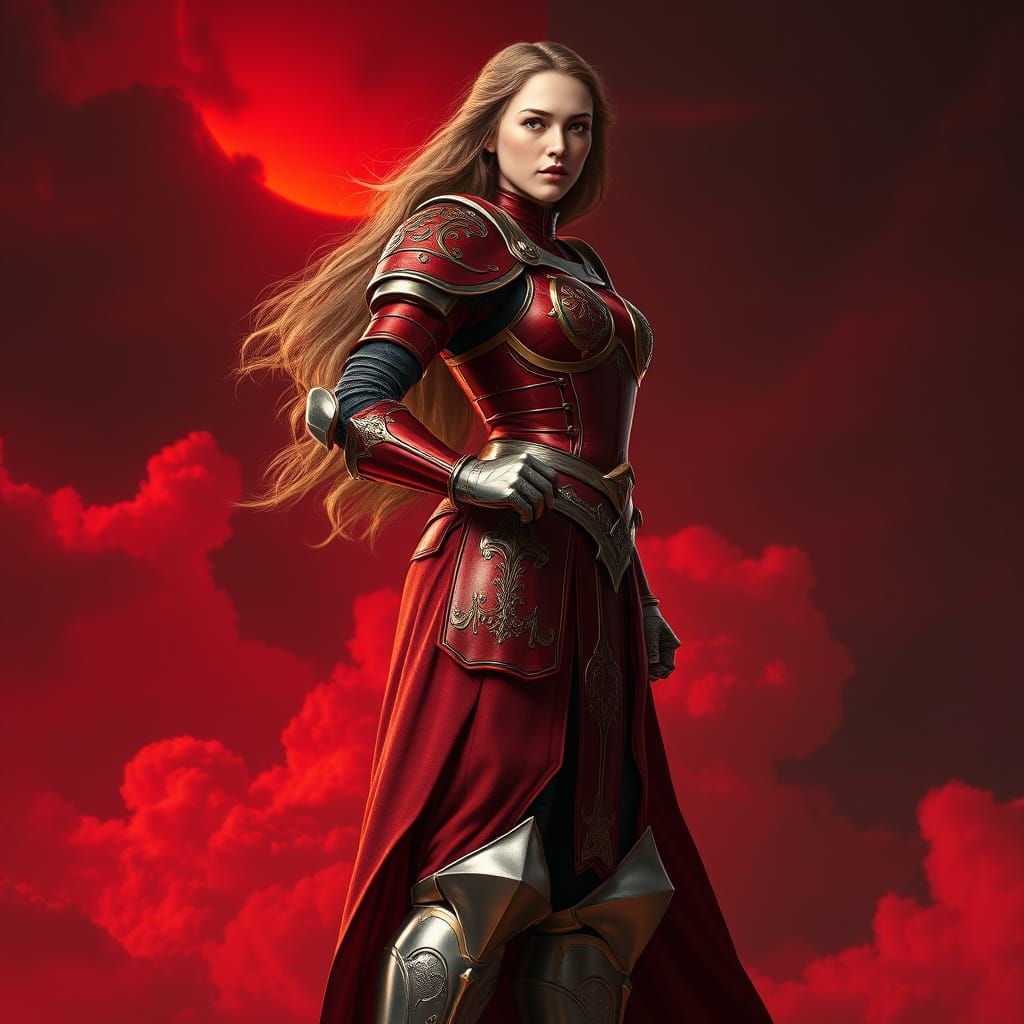 Regal Knight Woman in Shimmering Red Armor on Fiery Clouds