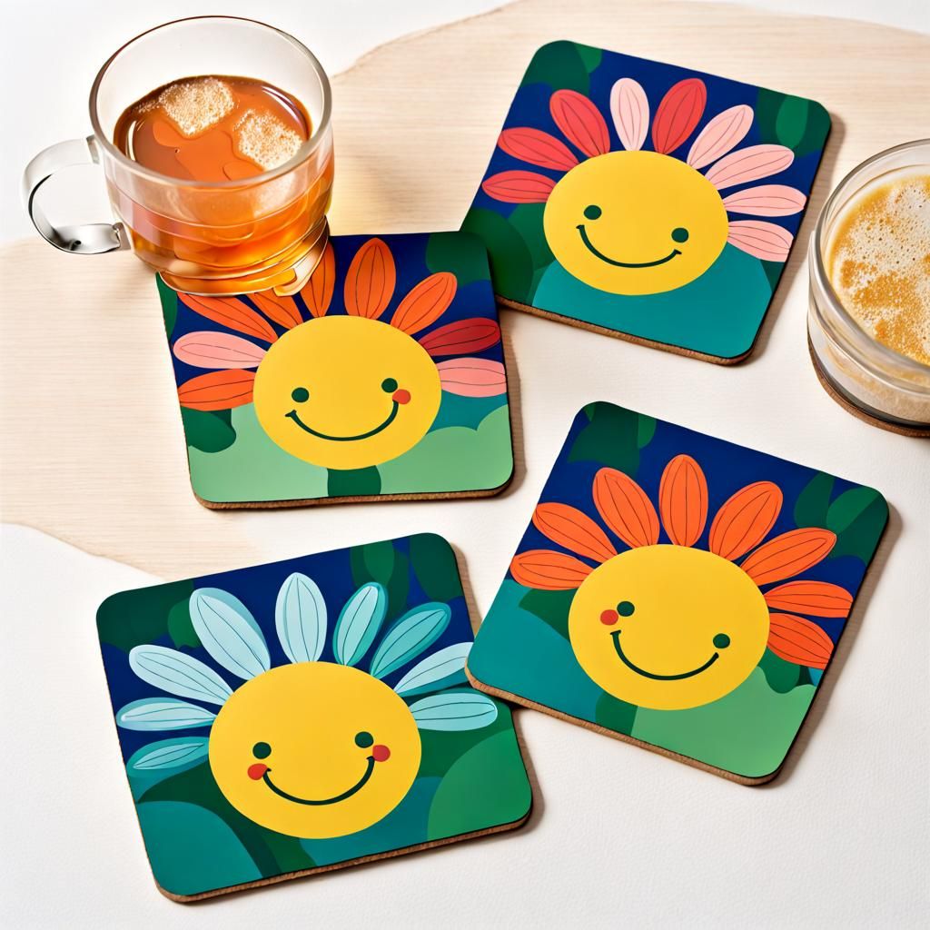 Smiling Flower Coasters: Abstract Art in Complementary Color...