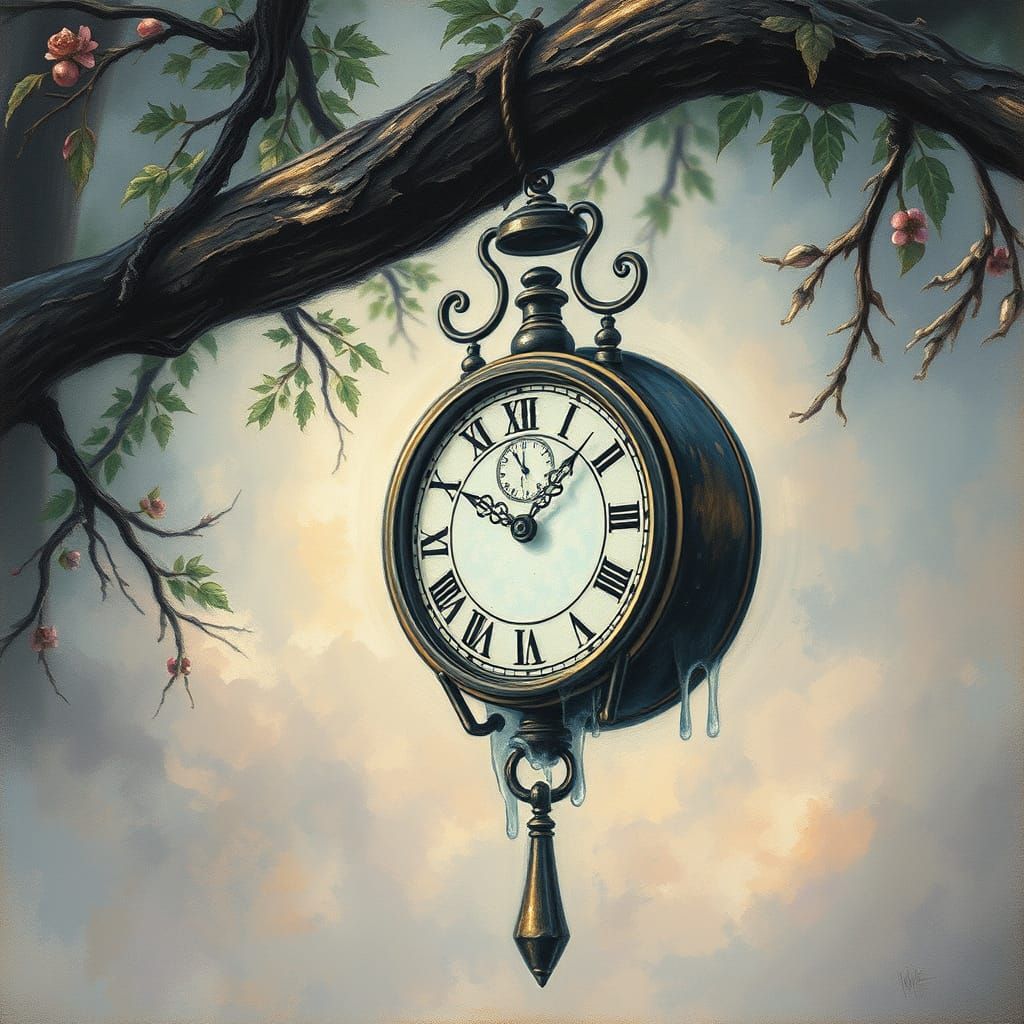 Melting Clock on Branch in Ethereal Charcoal Style