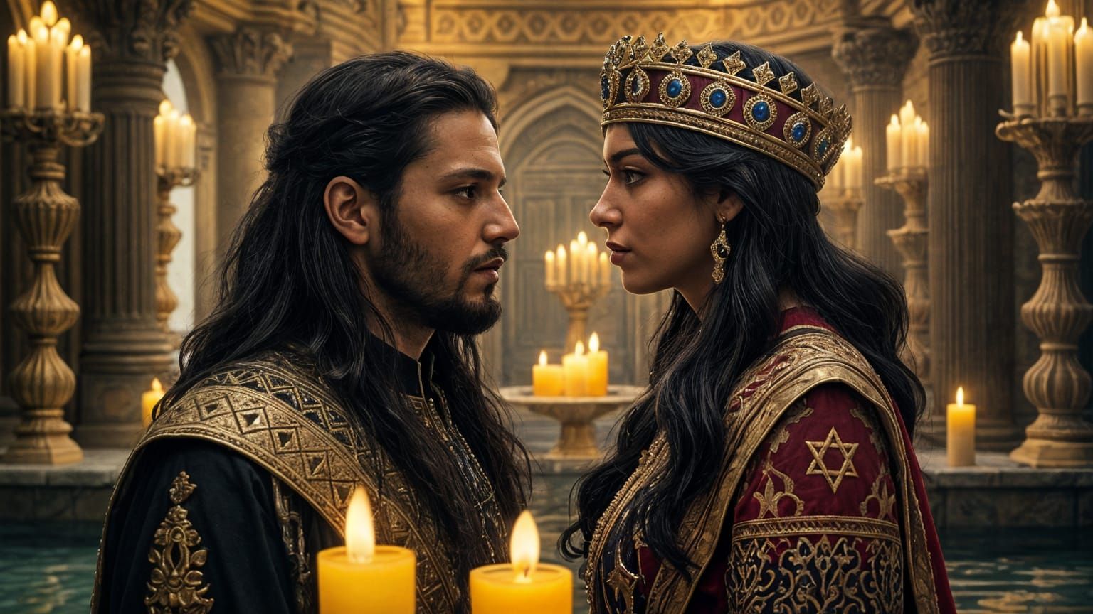 Epic Hologram Portrait of Queen Esther and King Xerxes in Re...