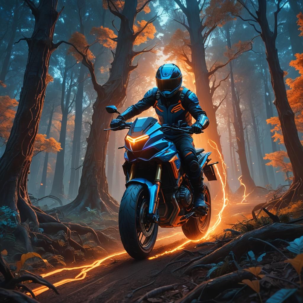 Futuristic Motorcycle Speeds Through Mystical Forest