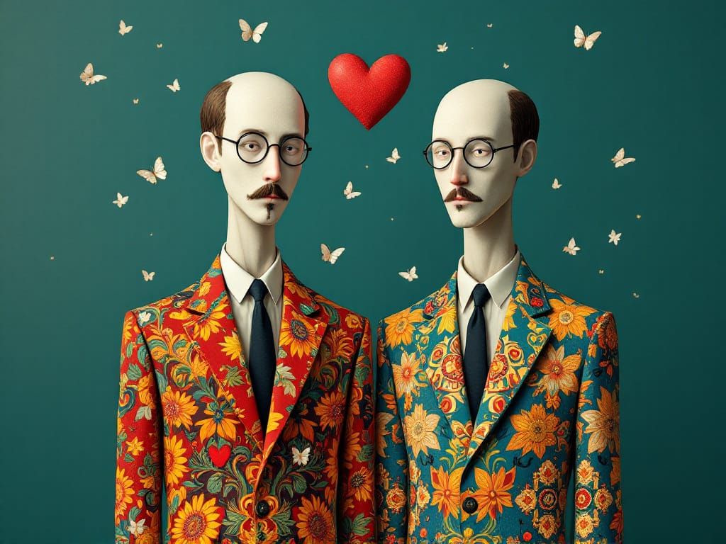 Elongated Figures in Patterned Suits with Floating Heart