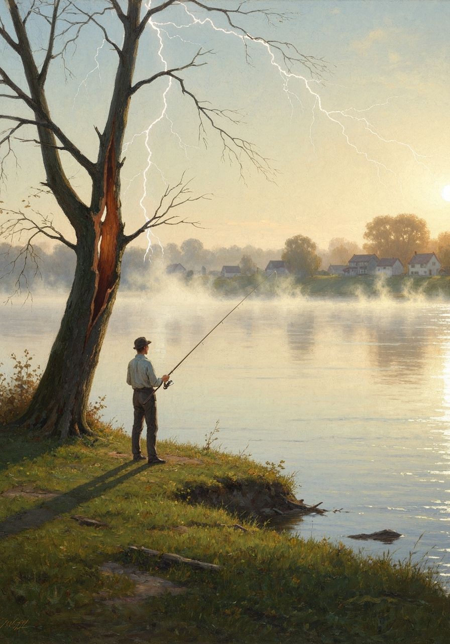 Young Man Fishing by Lightning-Split Tree in Watercolor Styl...