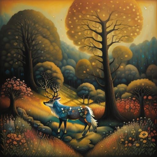 Deer Grazing in Meadow: Impressionistic Oil Painting