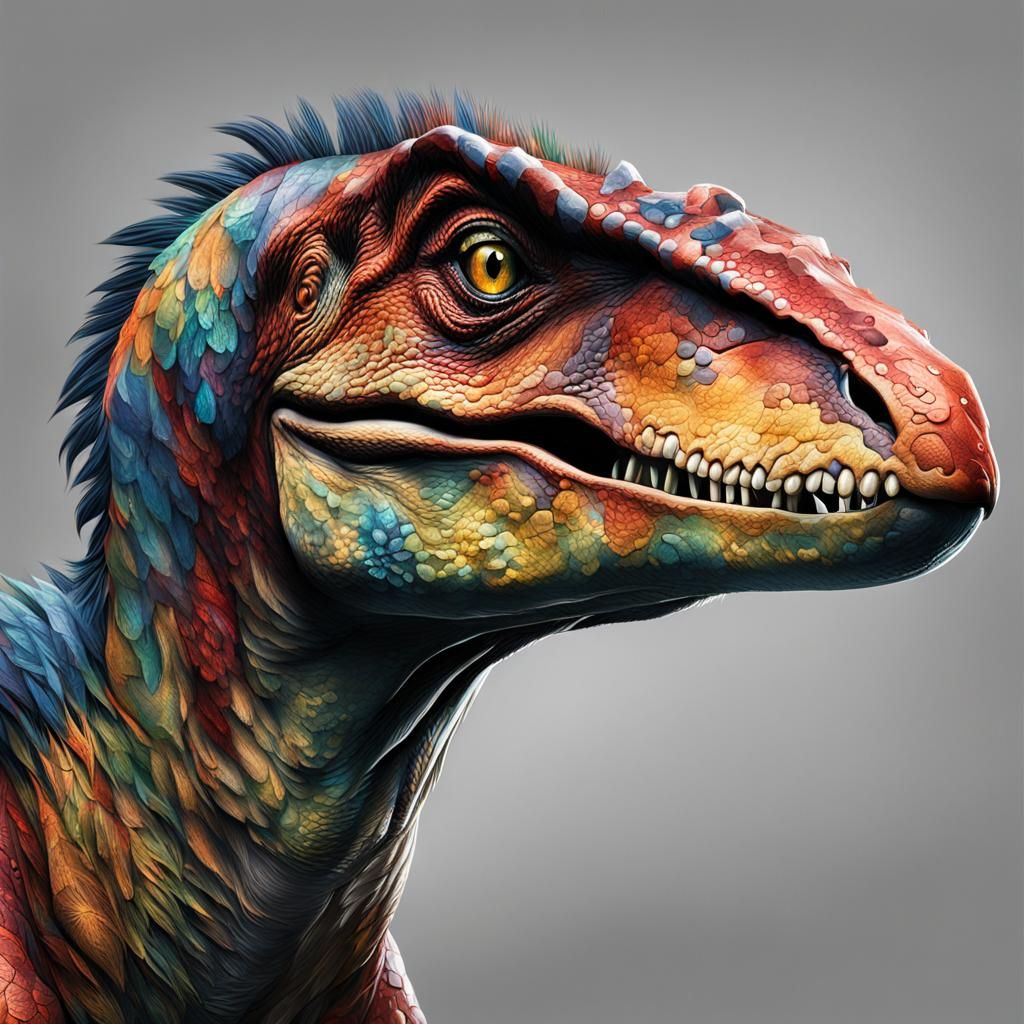 Hyperrealistic Velociraptor Portrait in Colorful Splash Art