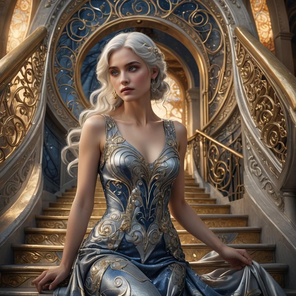 Silver-Haired Woman Descending Stairs in Art Nouveau Style
