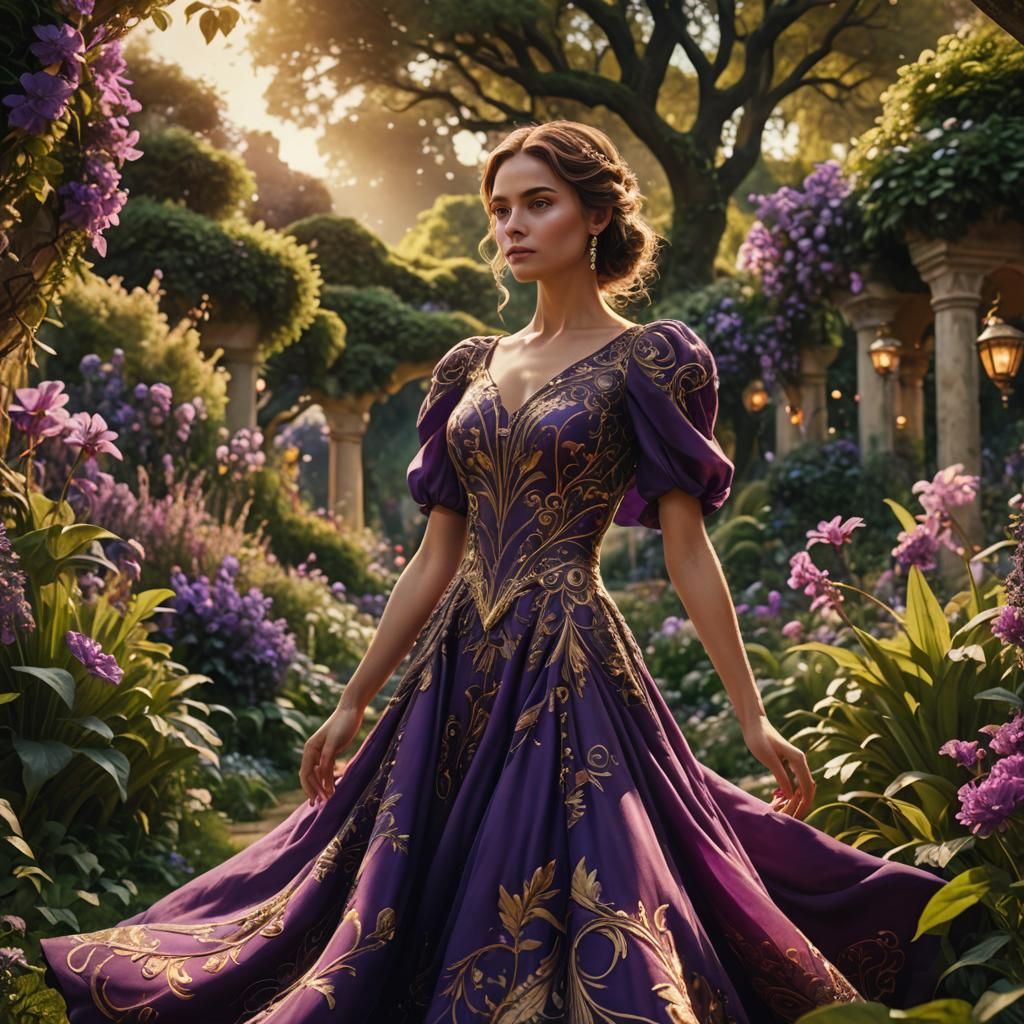 Woman in Purple Dress in Enchanting Garden