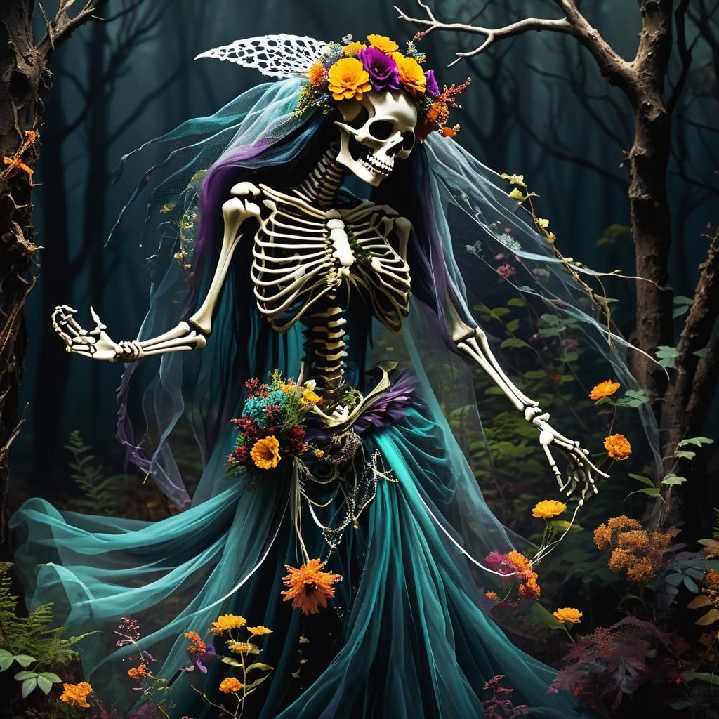 Darkpunk Mermaidcore Skeleton Bride Dances in Forest