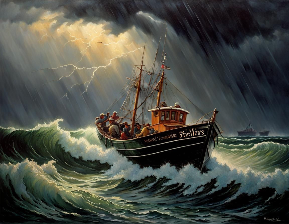 Fishing Boat Overturns in Tsunami, Oil Painting