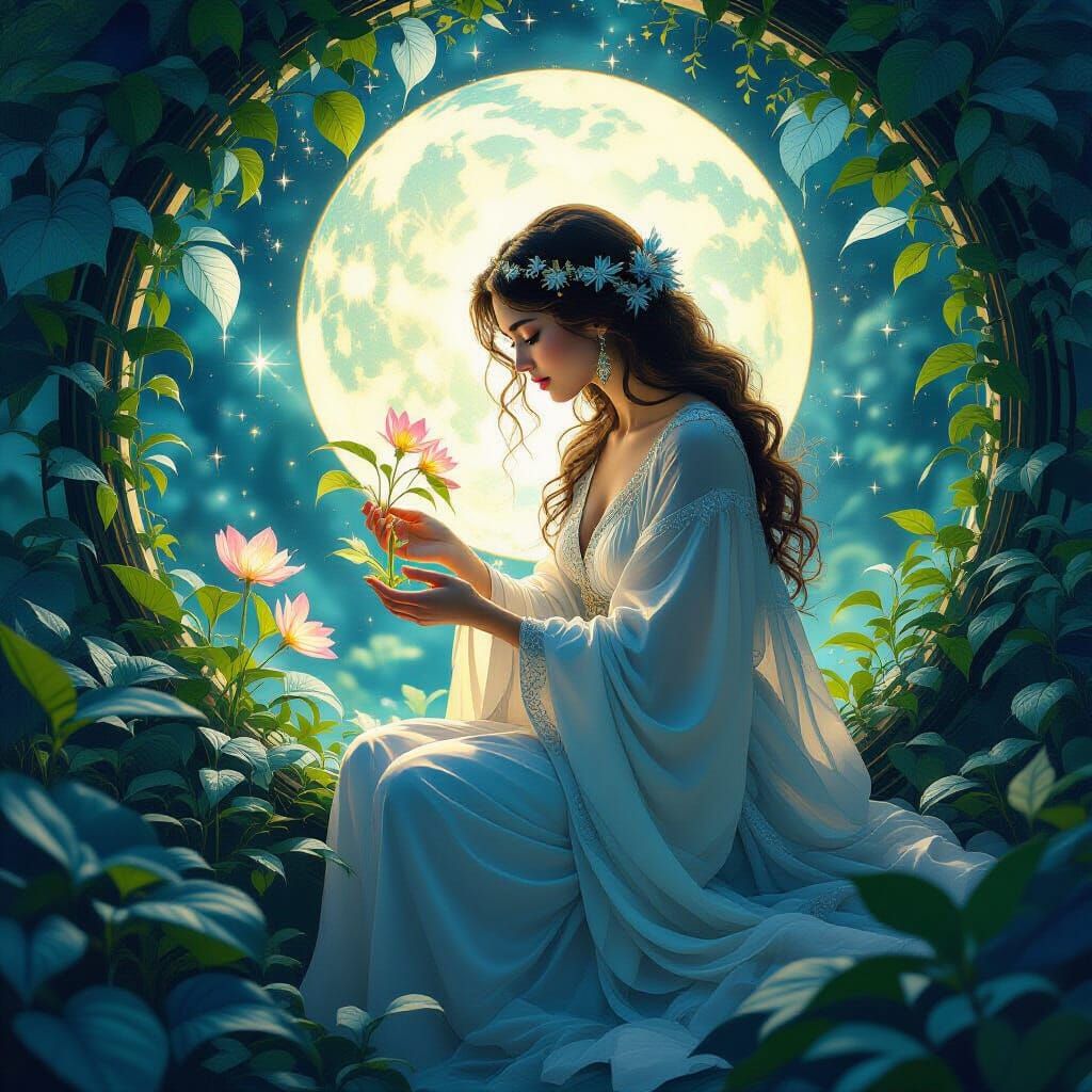 Cosmic Herbalist Tending Ethereal Plants in Nebula Garden