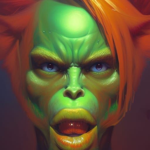 Orange Grinch Portrait in Hyperdetailed Digital Art