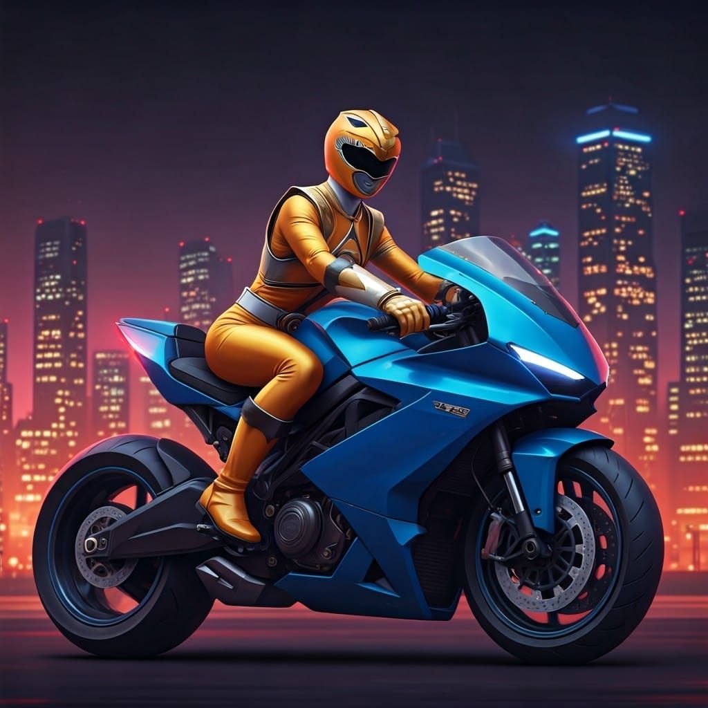 Golden Power Ranger with Futuristic Motorcycle