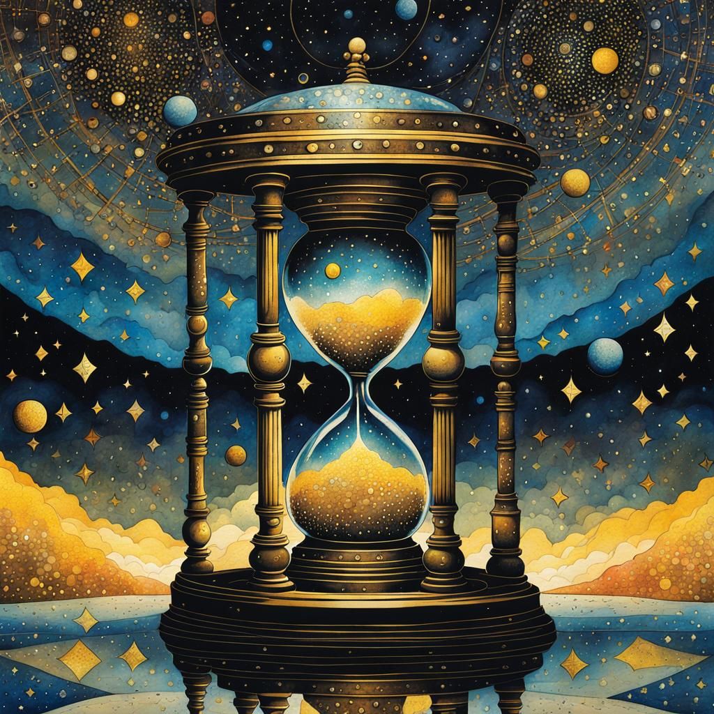 Hourglass in Astral Cosmic Starscape, Watercolour and Ink Ar...