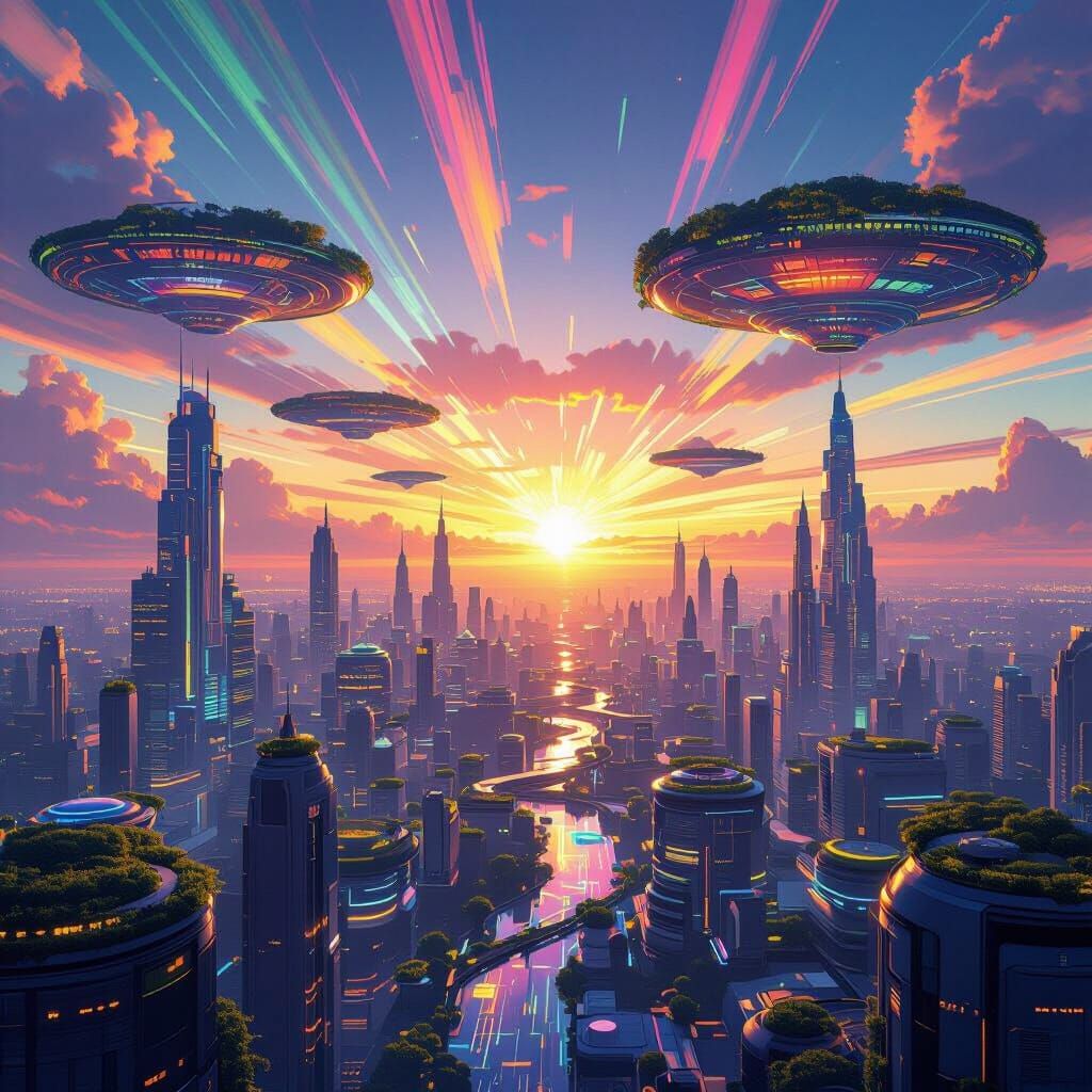 Solarpunk Cityscape at Sunrise: Hopeful Futurism