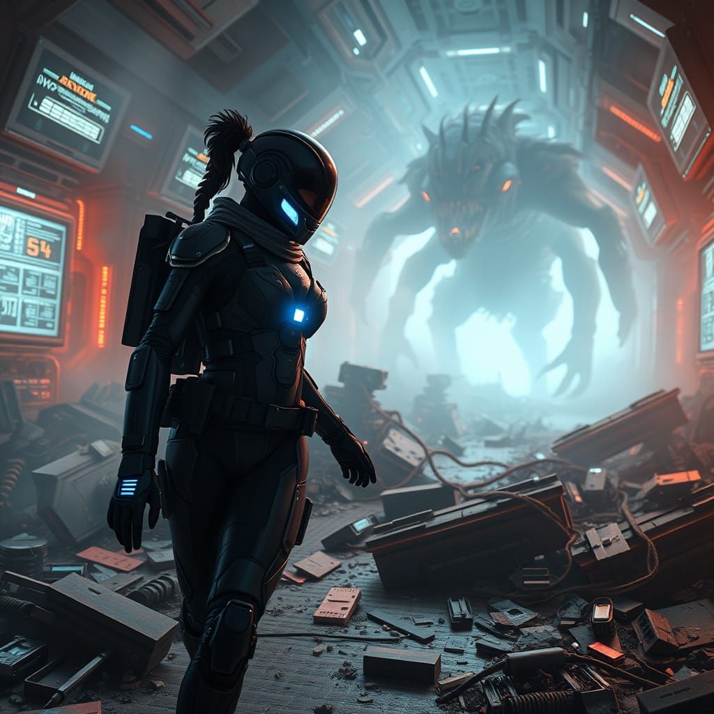 Cyberpunk Operative Battles Mutated Creature in Dystopian Re...