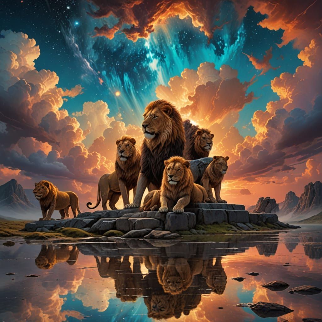Surreal Lions Pose Under Celestial Canvas