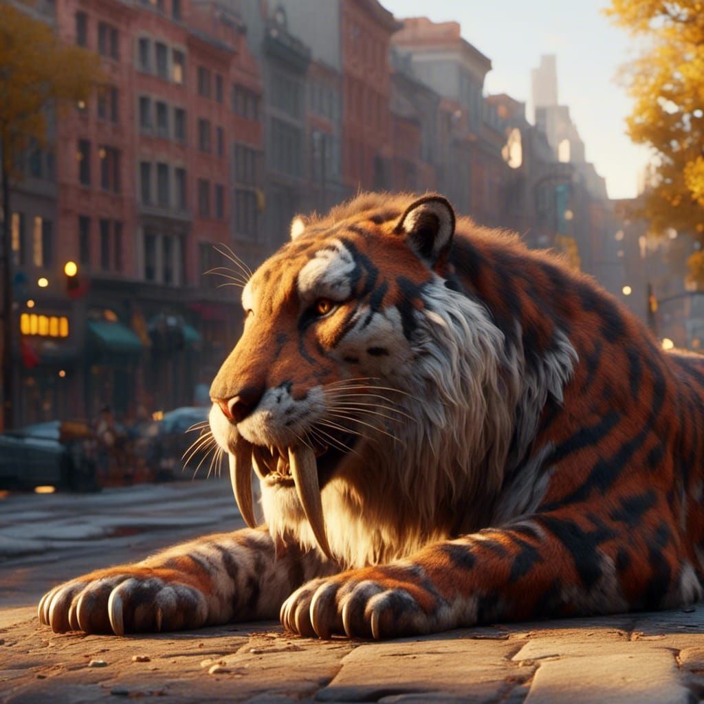 <lora:SmilodonTeeth:1.0> <lora:Sabertooth:1.0> close-up shot of a gorgeous polychromatic smilodon resting calmly. Backgr...