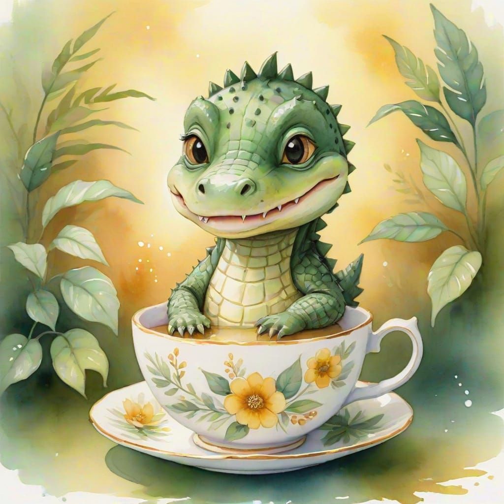 Baby Crocodile in Teacup: Watercolor Art
