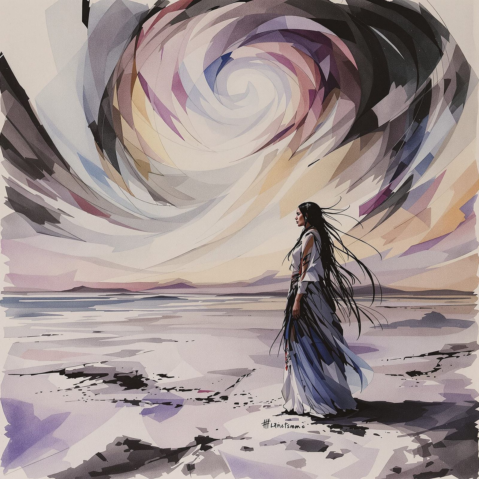 Lakota Woman on Abstract Plain in Dreamlike Sky