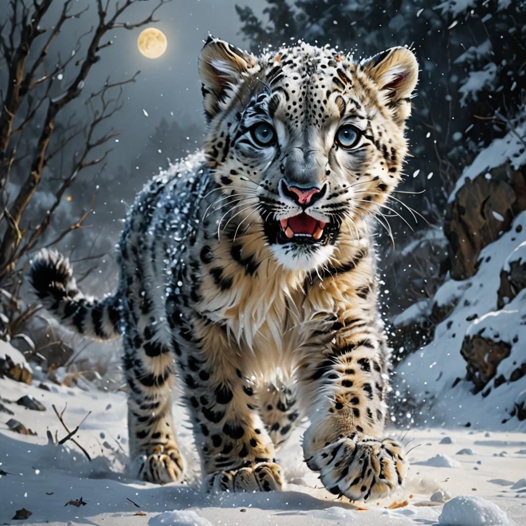 Snow Leopard Cub Runs in Snowy Mountains
