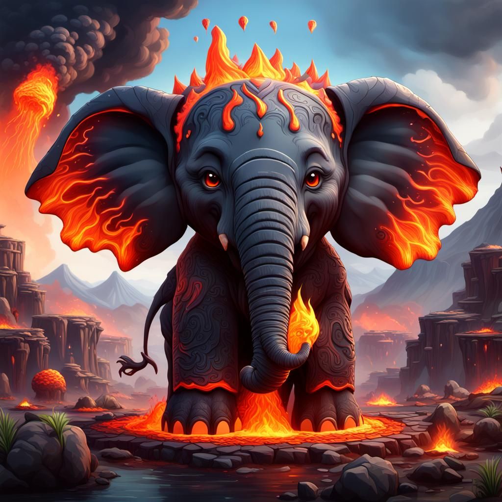 Chibi Volcano Elephant: Detailed Matte Painting