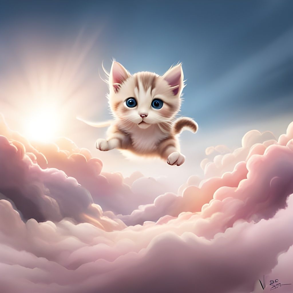 Chibi Kitten Jumps on Clouds with Volumetric Lighting