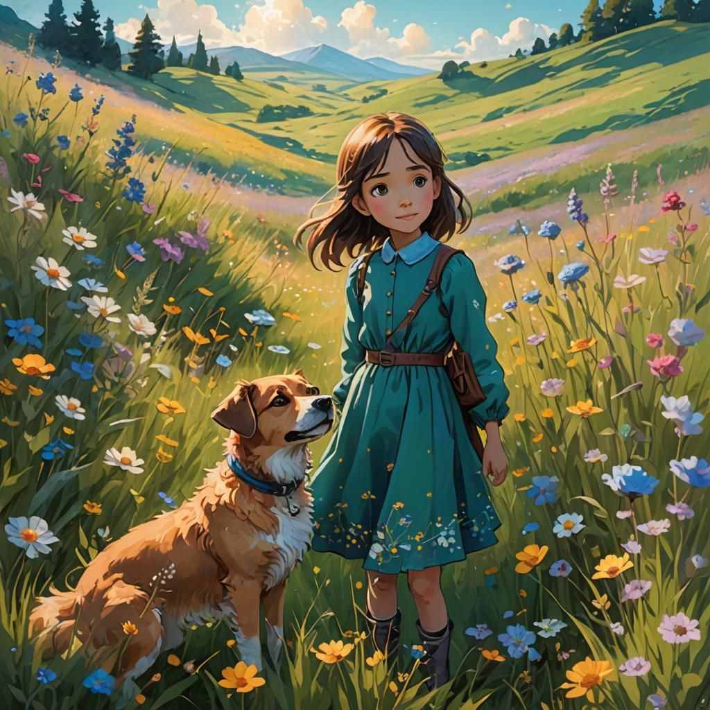 Girl and Dog in Dreamy Meadow: Fantasy Art