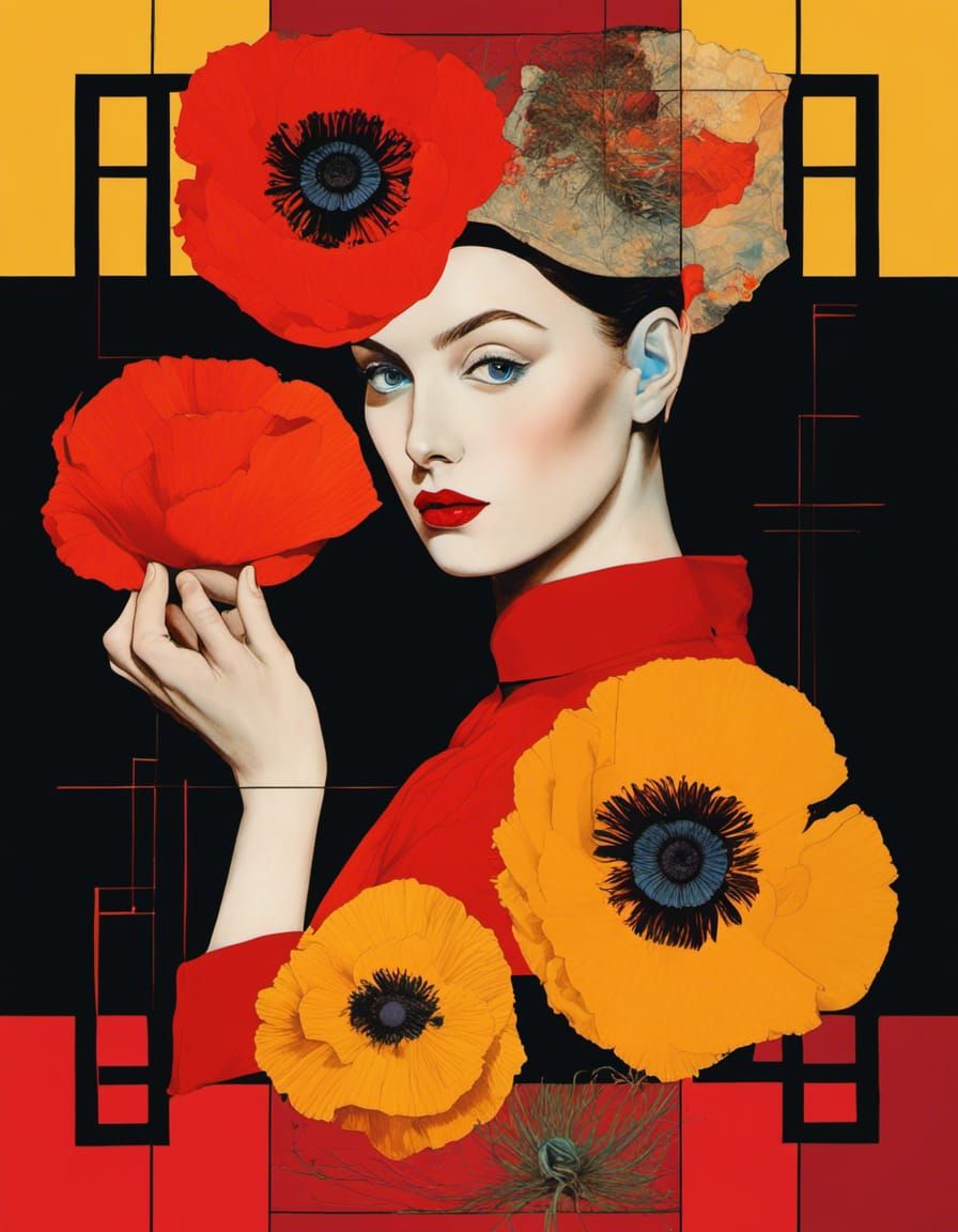 Geometric Portrait Collage with Poppies in Pop Art Style